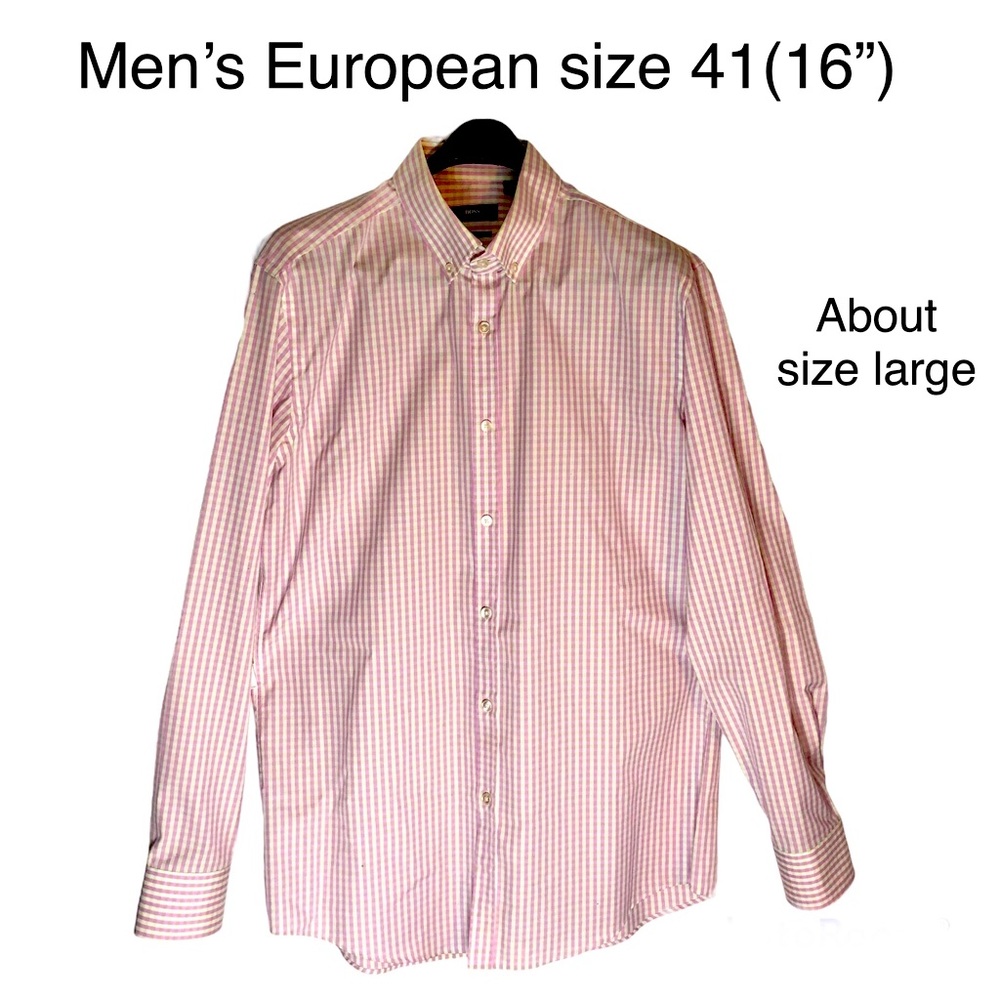 Men’s Hugo Boss European size 41(16”, L)slim fit gorgeous pink/white dress shirt